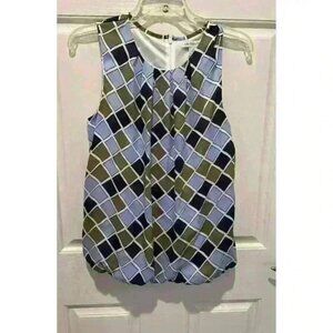 Liz Claiborne blue/green squares round neck sleeveless career blouse Women's M